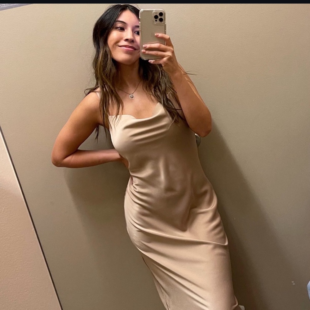 Abercrombie & Fitch Satin Cowl-Neck Midi Dress in Beige